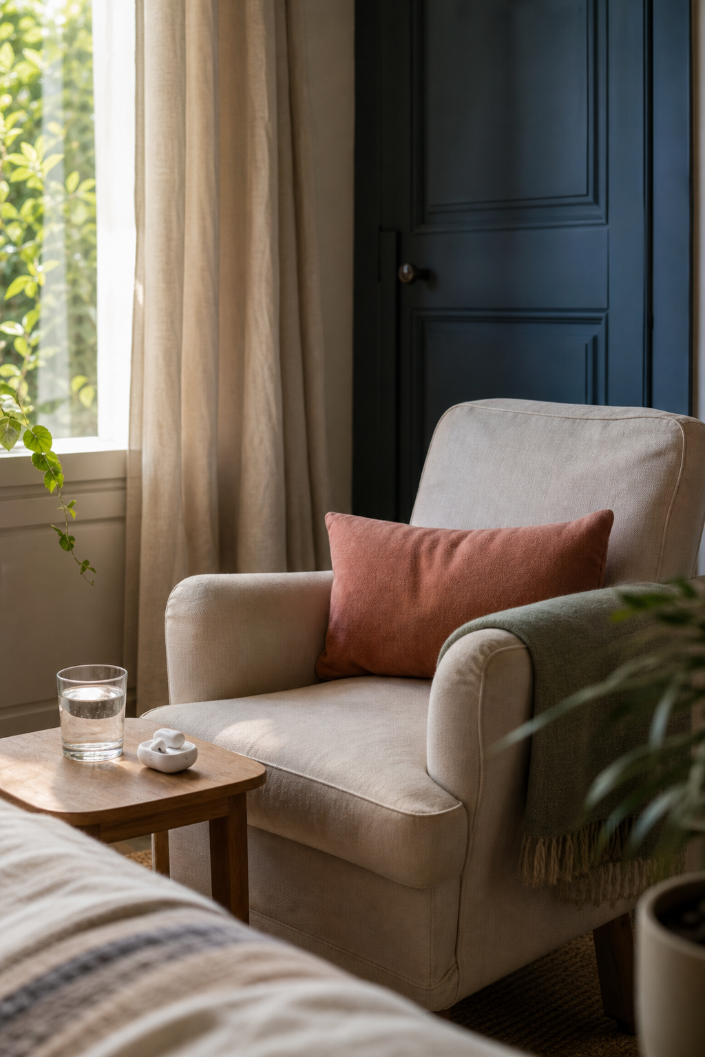 Un fauteuil confortable préparé dans un espace calme et privé pour une séance en visioconférence.