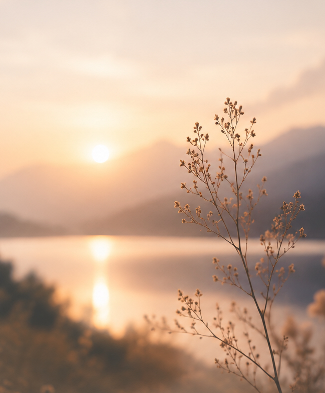 Branche délicate devant un lac et des montagnes au coucher du soleil